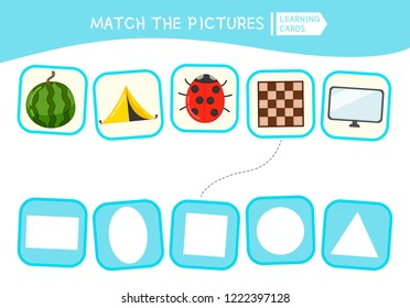 Matching children educational game. Match parts of objects and geometric shapes. Activity for pre shool years kids and toddlers.