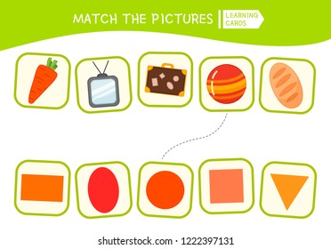 Matching children educational game. Match parts of objects and geometric shapes. Activity for pre shool years kids and toddlers.