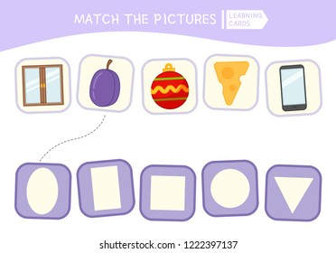 Matching children educational game. Match parts of objects and geometric shapes. Activity for pre shool years kids and toddlers.