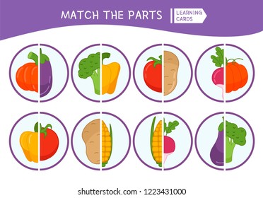 Matching children educational game. Match parts of cartoon vegetables. Activity for pre shool years kids and toddlers.