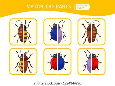 Matching children educational game. Match parts of cartoon insects. Activity for pre shool years kids and toddlers.