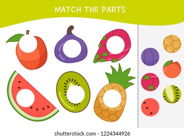 Matching children educational game. Match parts of cartoon fruits. Activity for pre shool years kids and toddlers.
