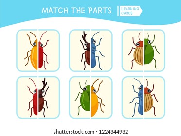 Matching children educational game. Match parts of cartoon insects. Activity for pre shool years kids and toddlers.