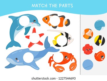 Matching children educational game. Match parts of sea animals. Activity for pre shool years kids and toddlers.