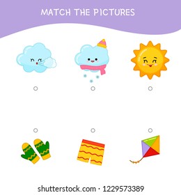 Matching children educational game. Match parts of weather and objects.. Activity for pre shool years kids and toddlers.