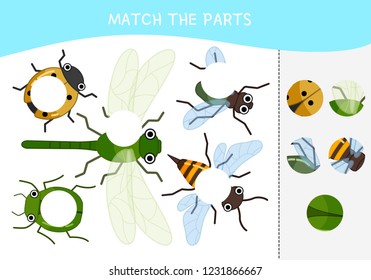 Matching children educational game. Match parts of cartoon insects. Activity for pre shool years kids and toddlers.