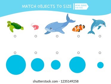 Matching children educational game. Match object to size. Activity for pre shool years kids and toddlers.