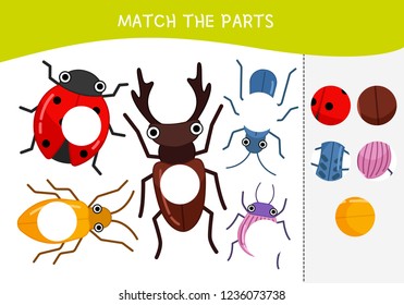 Matching children educational game. Match parts of cartoon insects. Activity for pre shool years kids and toddlers.