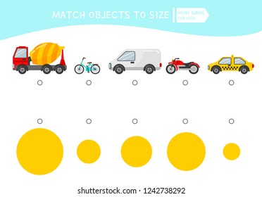 Matching children educational game. Match object to size. Activity for pre shool years kids and toddlers. Cartoon transport.