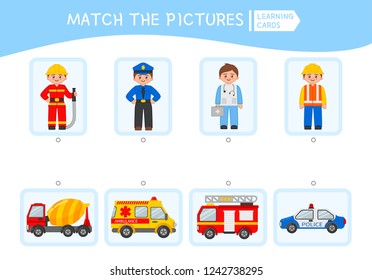 Matching Children Educational Game. Match People And Cars. Activity For Pre Shool Years Kids And Toddlers.