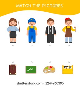 Matching children educational game. Match professions and objects.. Activity for pre shool years kids and toddlers.