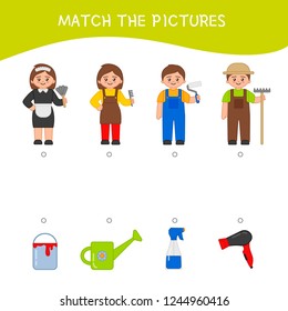 Matching children educational game. Match professions and objects.. Activity for pre shool years kids and toddlers.