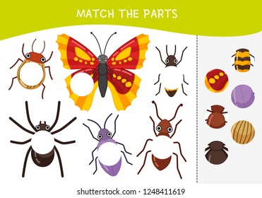 Matching children educational game. Match parts of cartoon insects. Activity for pre shool years kids and toddlers.