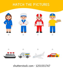 Matching children educational game. Match of profession and equipment . Activity for pre sсhool years kids and toddlers.