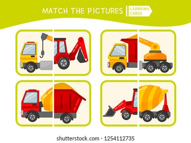 Matching children educational game. Match parts of cars. Activity for pre school years kids and toddlers.