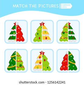 Matching children educational game. Match parts of christmas tree. Activity for pre sсhool years kids and toddlers.