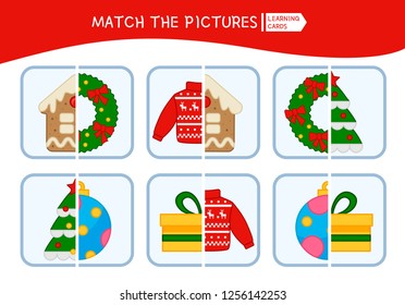 Matching children educational game. Match parts of christmas objects. Activity for pre sсhool years kids and toddlers.