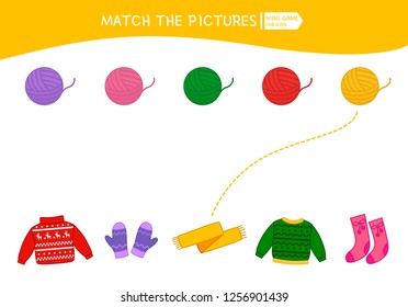 Matching children educational game. Match of yarn and clothing. Activity for pre sсhool years kids and toddlers.