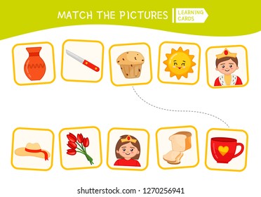 Matching children educational game. Match parts of objects. Activity for pre sсhool years kids and toddlers.