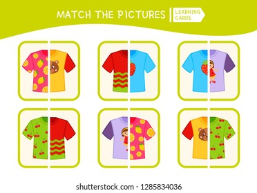 Matching children educational game. Match parts of t-shirt. Activity for pre sсhool years kids and toddlers.