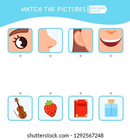 Matching children educational game. Match of sense organs and objects. Activity for pre sсhool years kids and toddlers.