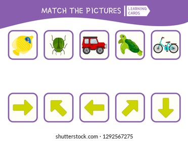 Matching children educational game. Match of objects and arrows. Activity for pre sсhool years kids and toddlers.