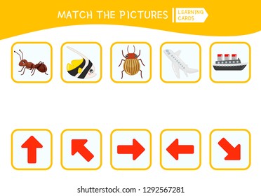 Matching children educational game. Match of objects and arrows. Activity for pre sсhool years kids and toddlers.