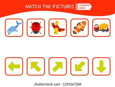 Matching children educational game. Match of objects and arrows. Activity for pre sсhool years kids and toddlers.