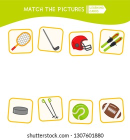 Matching children educational game. Match parts of sport equipment. Activity for pre sсhool years kids and toddlers.