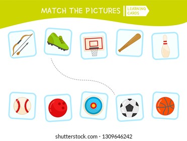 Matching children educational game. Match parts of sport equipment. Activity for pre sсhool years kids and toddlers.