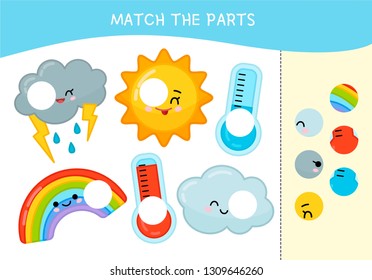 Matching children educational game. Match parts of weather. Activity for pre sсhool years kids and toddlers.