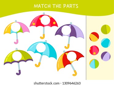 Matching children educational game. Match parts of umbrellas. Activity for pre sсhool years kids and toddlers.