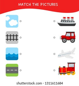 Matching children educational game. Match transport and roads. Activity for pre sсhool years kids and toddlers.