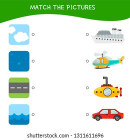 Matching children educational game. Match transport and roads. Activity for pre sсhool years kids and toddlers.