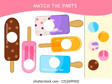 Matching children educational game. Match parts of ice creams. Activity for pre sсhool years kids and toddlers.