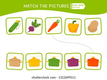 Matching children educational game. Match of vegetables and pans. Activity for pre sсhool years kids and toddlers.