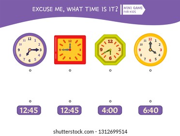 Matching children educational game. Match of clocks and correct time Activity for pre sсhool years kids and toddlers.