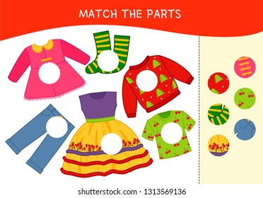 Matching children educational game. Match parts of cartoon clothes. Activity for pre sсhool years kids and toddlers.