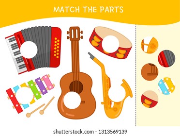 Matching children educational game. Match parts of cartoon musical instruments. Activity for pre sсhool years kids and toddlers.