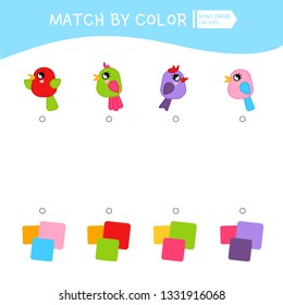 Matching children educational game. Match by colors. Activity for pre sсhool years kids and toddlers. Illustration of cute birds.