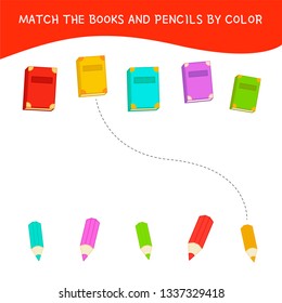 Matching children educational game. Match of books and pencils by color. Activity for pre sсhool