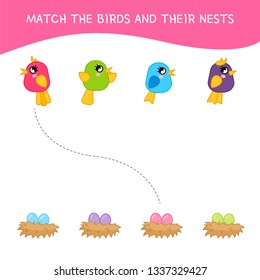 Matching children educational game. Match of birds and their nests
 by color. Activity for pre sсhool