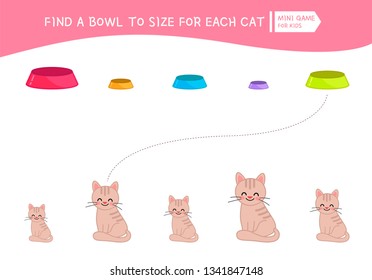 Matching children educational game. Match  of cartoon cats and bowls
 to size . Activity for pre school years kids and toddlers.