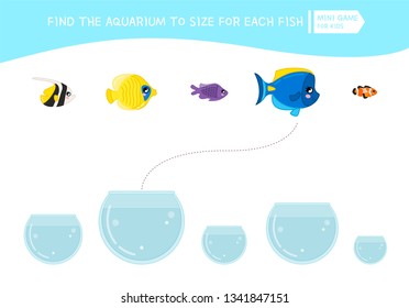 Matching children educational game. Match  of cartoon fish to size . Activity for pre school years kids and toddlers.