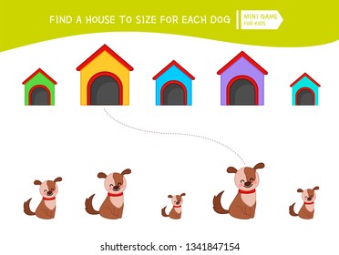 Matching children educational game. Match  of cartoon dogs and doghouse
 to size . Activity for pre school years kids and toddlers.