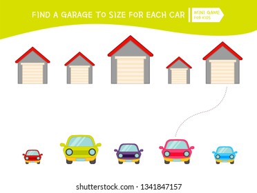 Matching Children Educational Game. Match  Of Cartoon Garages And Cars
 To Size . Activity For Pre School Years Kids And Toddlers.