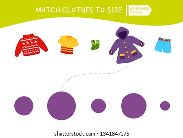 Matching children educational game. Match  of cartoon clothes to size . Activity for pre school years kids and toddlers.