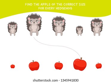 Matching children educational game. Match of apples and hedgehogs to size. Activity for pre sсhool years kids and toddlers.