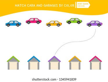 Matching Children Educational Game. Match Of Garages And Cars. Activity For Pre Sсhool Years Kids And Toddlers.