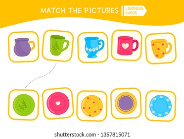 Matching children educational game. Match of cups and plates. Activity for pre sсhool years kids and toddlers.